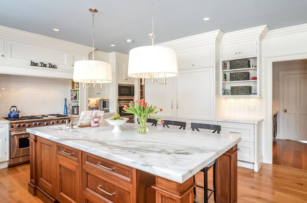 Thick carrera marble on the island.  The weight of the materials in this kitchen is marvelous.