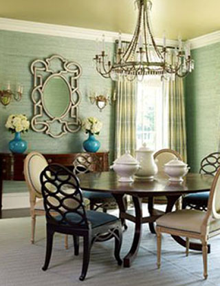 A dining room by Suzanne Kasler. Love that grass cloth on the walls. Chic and makes the room a little less formal. 